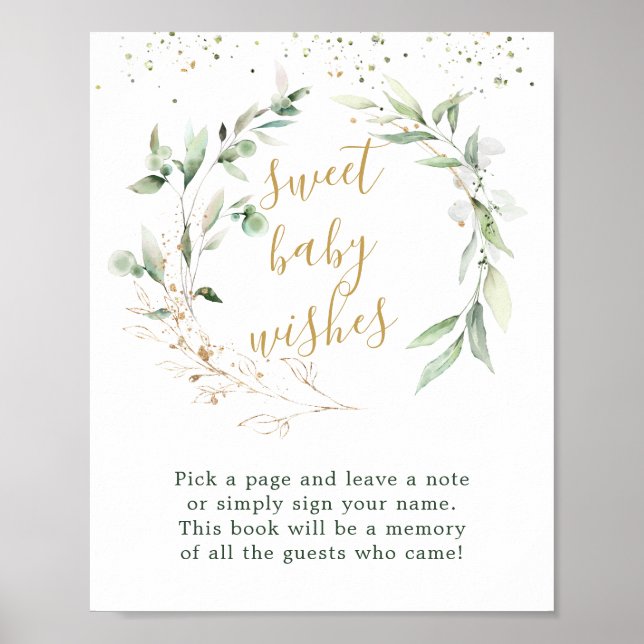 Greenery foliage Sweet Baby shower Guest Book Sign (Front)