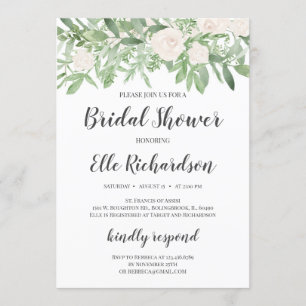 Greenery foliage white roses bridal shower invitation