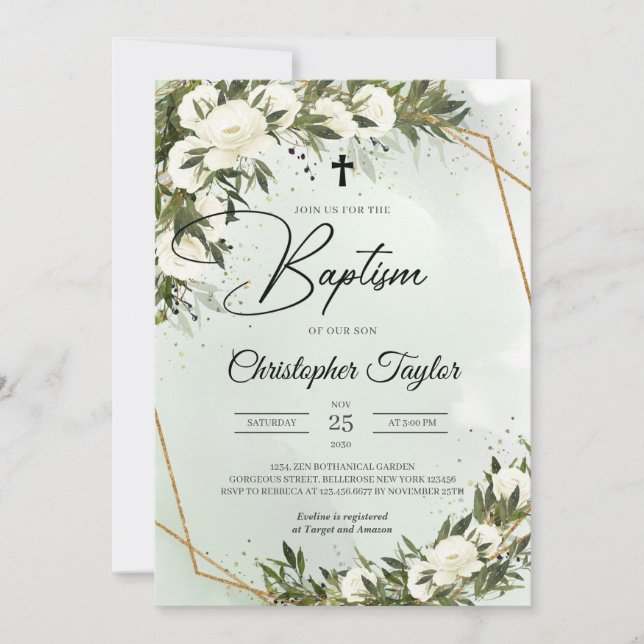 Greenery foliage white roses olive gold Baptism Invitation (Front)