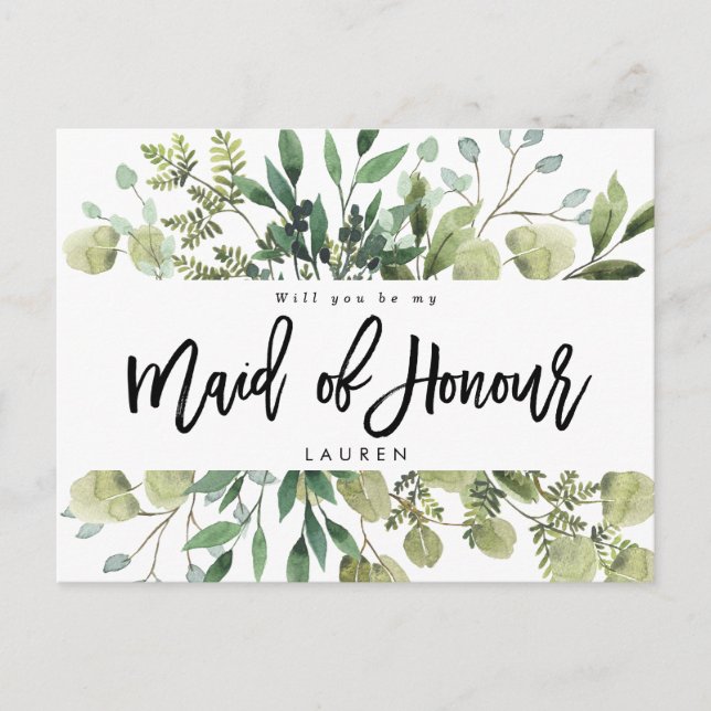 greenery foliage will you be maid of honour card (Front)