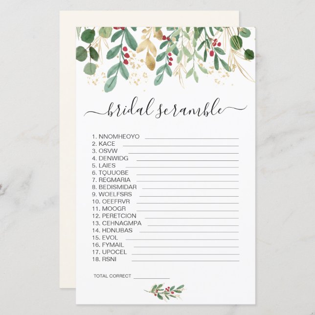 Greenery Foliage Word Scramble Bridal Shower Game (Front/Back)