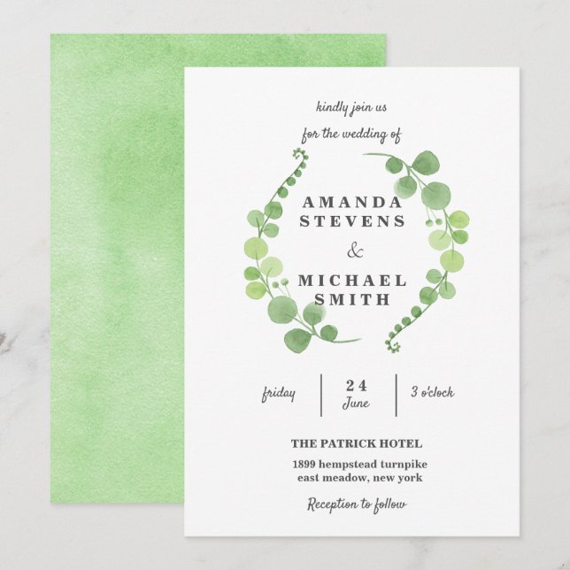 Greenery foliage Wreath Watercolor green Wedding Invitation (Front/Back)