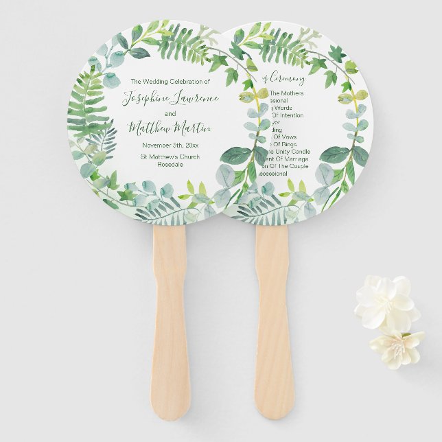 Greenery Foliage Wreath Wedding Programs Hand Fan (Front and Back)