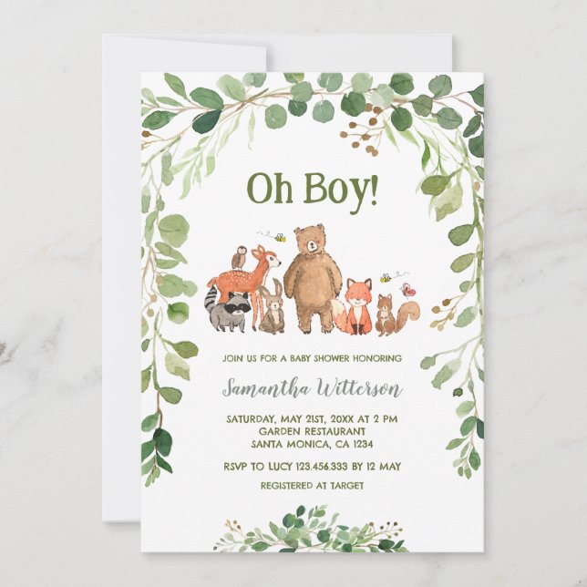 Greenery Forest Animals Boy Baby Shower  Invitation (Front)
