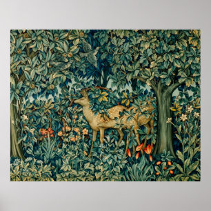 GREENERY,FOREST ANIMALS, DOES ,BIRDS Floral Poster