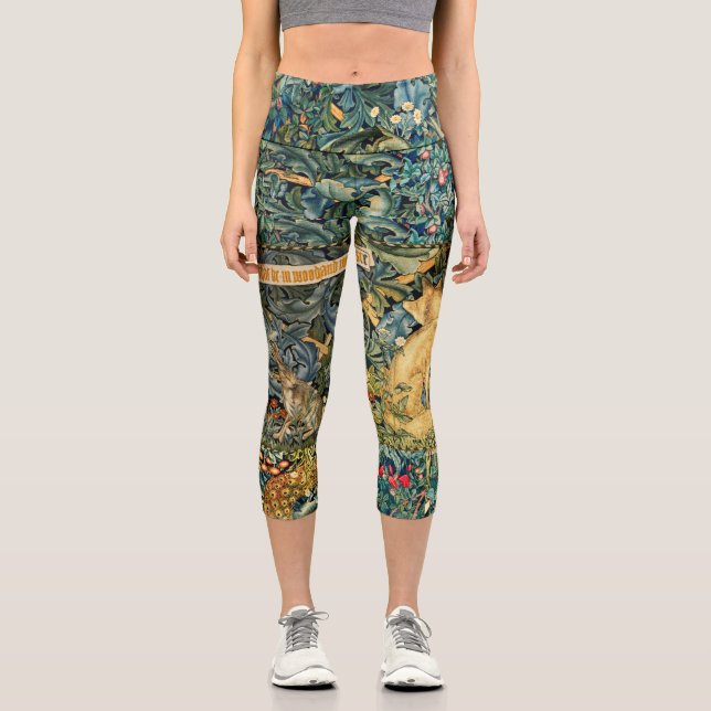 GREENERY,FOREST ANIMALS,FOX AND HARE,GREEN FLORAL CAPRI LEGGINGS (Front)