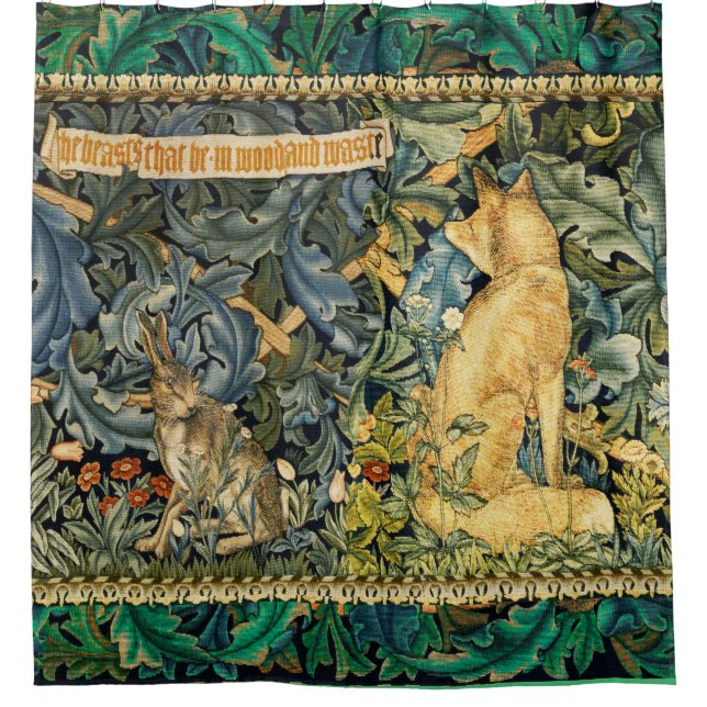 GREENERY,FOREST ANIMALS,FOX AND HARE,GREEN FLORAL SHOWER CURTAIN (Front)