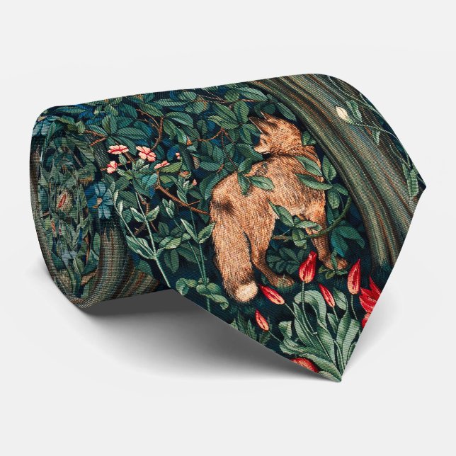 GREENERY,FOREST ANIMALS Fox ,Hares,Green Floral Tie (Rolled)