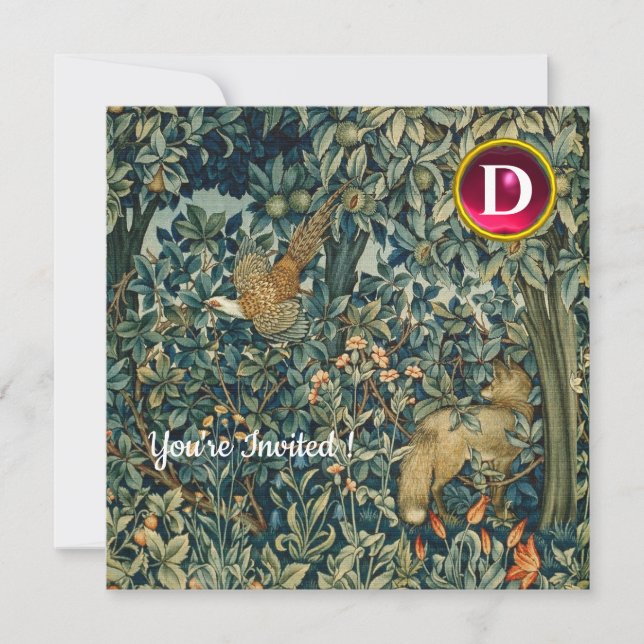 GREENERY,FOREST ANIMALS Fox ,Pheasant,Green Floral Invitation (Front)