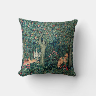 GREENERY,FOREST ANIMALS Hares ,Fox,Green Floral Cushion