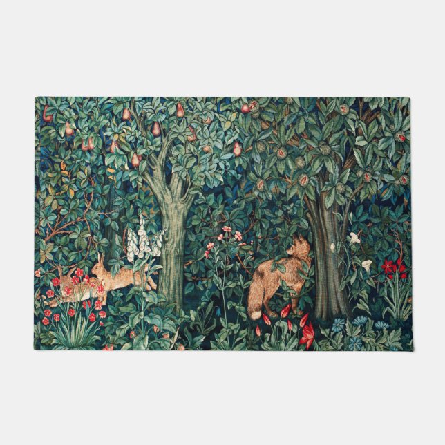 GREENERY,FOREST ANIMALS Hares ,Fox,Green Floral  Doormat (Front)