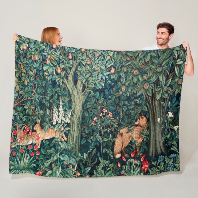 GREENERY,FOREST ANIMALS Hares ,Fox,Green Floral Fleece Blanket (In Situ)