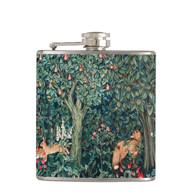 GREENERY,FOREST ANIMALS Hares ,Fox,Green Floral Hip Flask (Front)