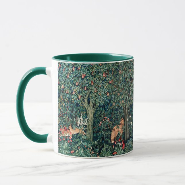 GREENERY,FOREST ANIMALS Hares ,Fox,Green Floral Mug (Left)