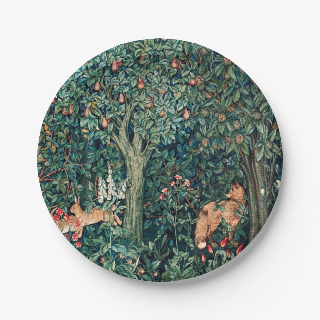 GREENERY,FOREST ANIMALS Hares ,Fox,Green Floral Paper Plate (Front)