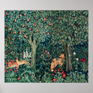 GREENERY,FOREST ANIMALS Hares ,Fox,Green Floral Poster