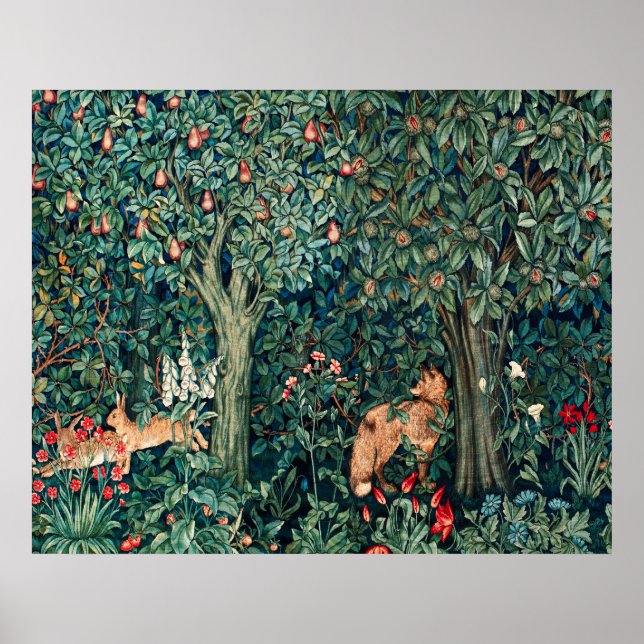 GREENERY,FOREST ANIMALS Hares ,Fox,Green Floral Poster (Front)