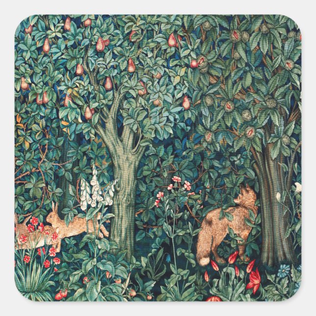 GREENERY,FOREST ANIMALS Hares ,Fox,Green Floral Square Sticker (Front)