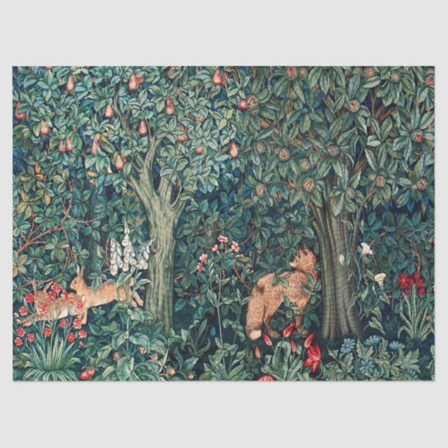 GREENERY,FOREST ANIMALS Hares ,Fox,Green Floral Tissue Paper (Front)