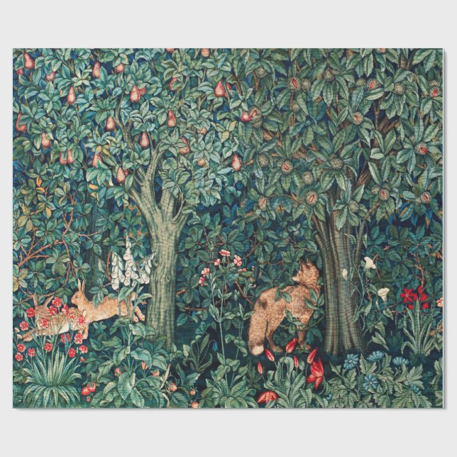 GREENERY,FOREST ANIMALS Hares ,Fox,Green Floral Wrapping Paper (Flat)
