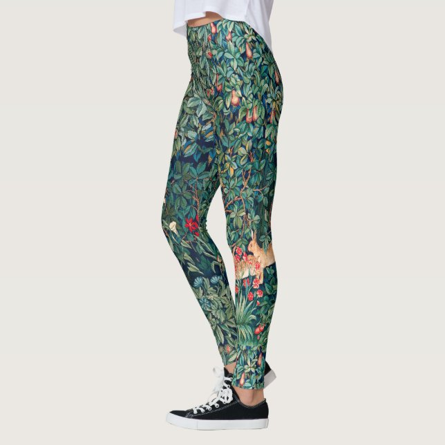 GREENERY,FOREST ANIMALS Hares Green Floral Leggings (Left)