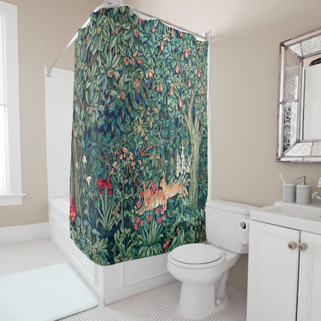 GREENERY,FOREST ANIMALS Hares ,Green Floral Shower Curtain (In Situ)