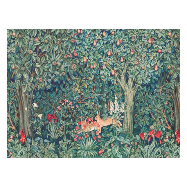 GREENERY,FOREST ANIMALS Hares,Green Floral  Tablec Tablecloth (Front (Horizontal))