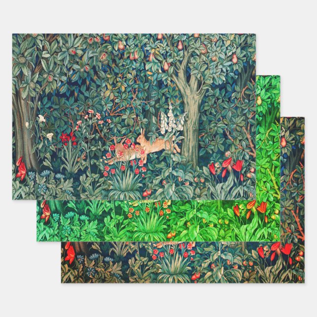 GREENERY,FOREST ANIMALS, Hares Green Floral Wrapping Paper Sheet (Set)