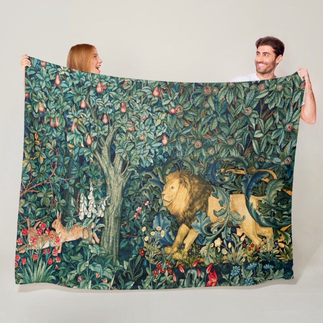 GREENERY,FOREST ANIMALS Lion and Hares Floral Fleece Blanket (In Situ)