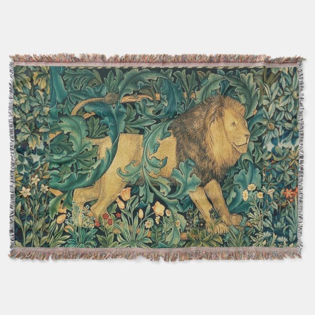 GREENERY,FOREST ANIMALS  LION Floral Throw Blanket (Front)