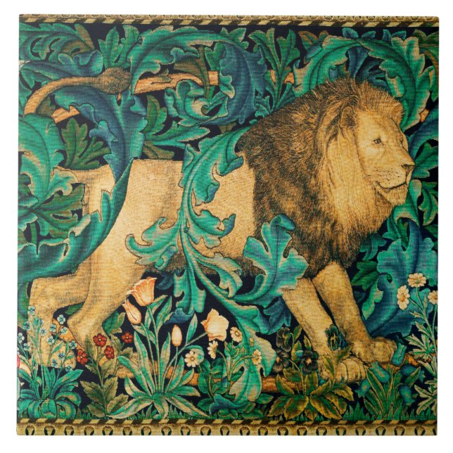 GREENERY,FOREST ANIMALS LION Floral  Tile (Front)