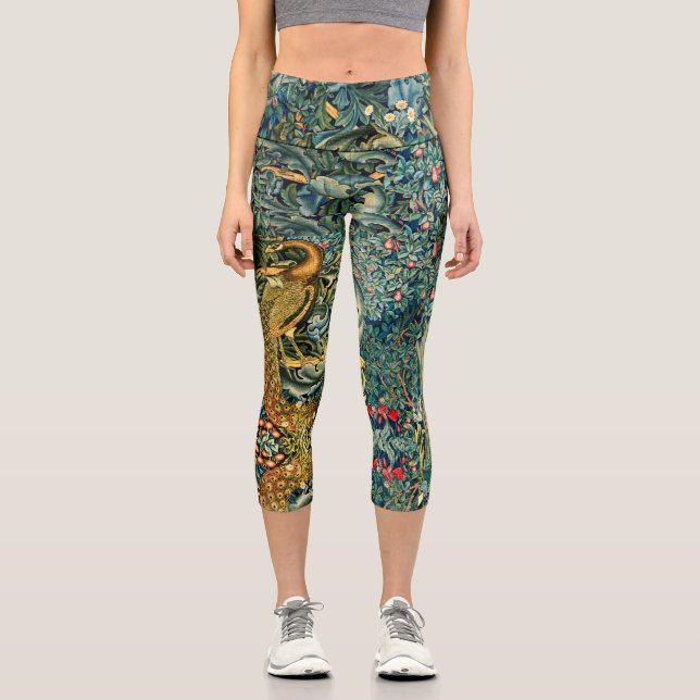 GREENERY, FOREST ANIMALS,PEACOCK IN GREEN FLORAL   CAPRI LEGGINGS (Front)
