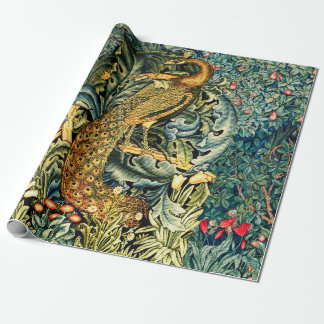 GREENERY, FOREST ANIMALS,PEACOCK IN GREEN FLORAL   WRAPPING PAPER