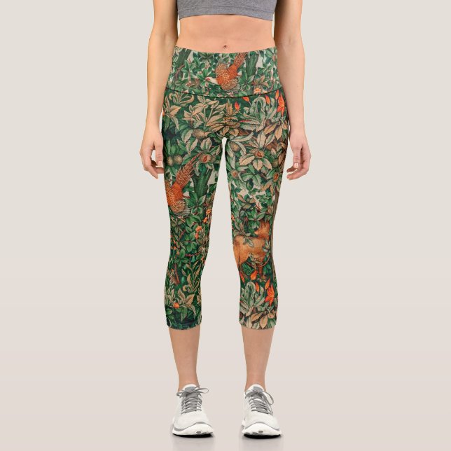 GREENERY,FOREST ANIMALS Pheasant,Fox,Green Floral Capri Leggings (Front)