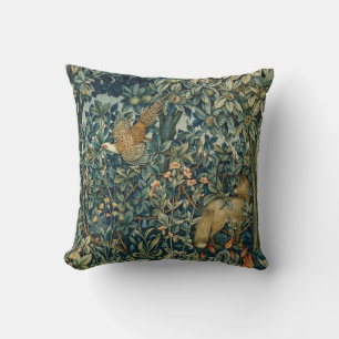 GREENERY,FOREST ANIMALS Pheasant ,Fox,Green Floral Cushion