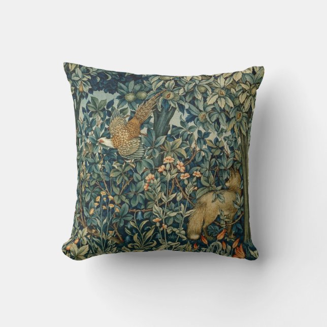 GREENERY,FOREST ANIMALS Pheasant ,Fox,Green Floral Cushion (Front)