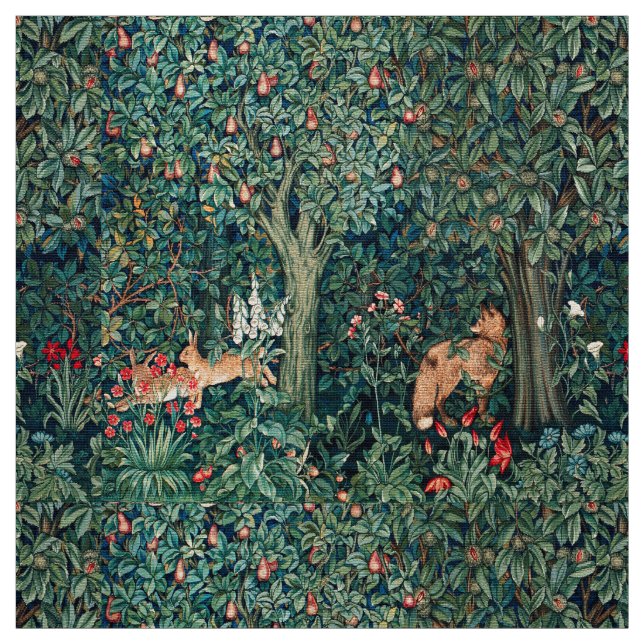 GREENERY,FOREST ANIMALS Pheasant ,Fox,Green Floral Fabric (Swatch)