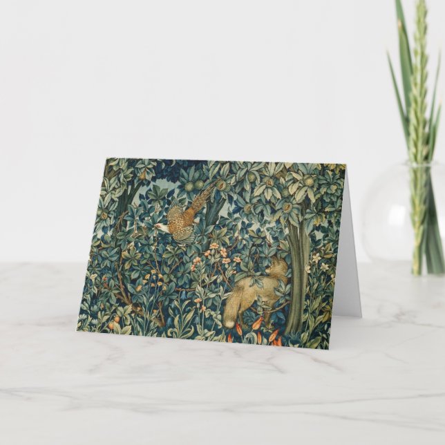 GREENERY,FOREST ANIMALS Pheasant ,Fox,Green Floral Holiday Card (Front)