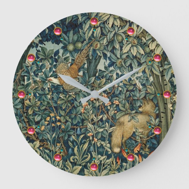 GREENERY,FOREST ANIMALS Pheasant ,Fox,Green Floral Large Clock (Front)