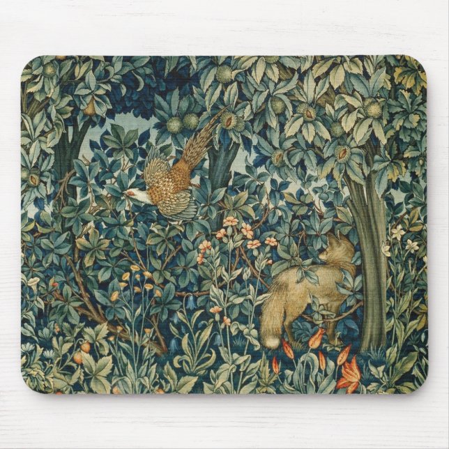 GREENERY,FOREST ANIMALS Pheasant ,Fox,Green Floral Mouse Mat (Front)
