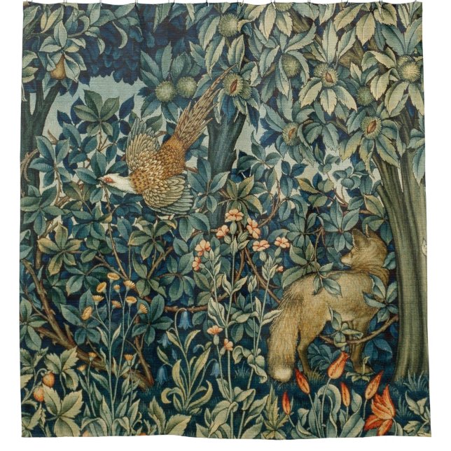 GREENERY,FOREST ANIMALS Pheasant ,Fox,Green Floral Shower Curtain (Front)