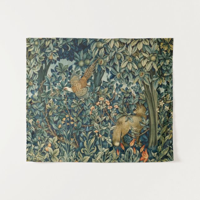 GREENERY,FOREST ANIMALS Pheasant ,Fox,Green Floral Tapestry (Front (Horizontal))