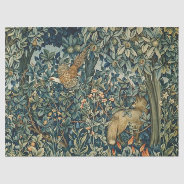 GREENERY,FOREST ANIMALS Pheasant ,Fox,Green Floral Tissue Paper (Front)