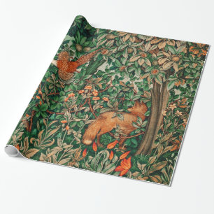 GREENERY,FOREST ANIMALS Pheasant ,Fox,Green Floral Wrapping Paper