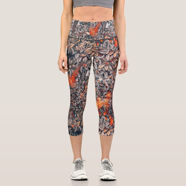 GREENERY,FOREST ANIMALS Pheasant, Red Fox, Floral  Capri Leggings (Front)