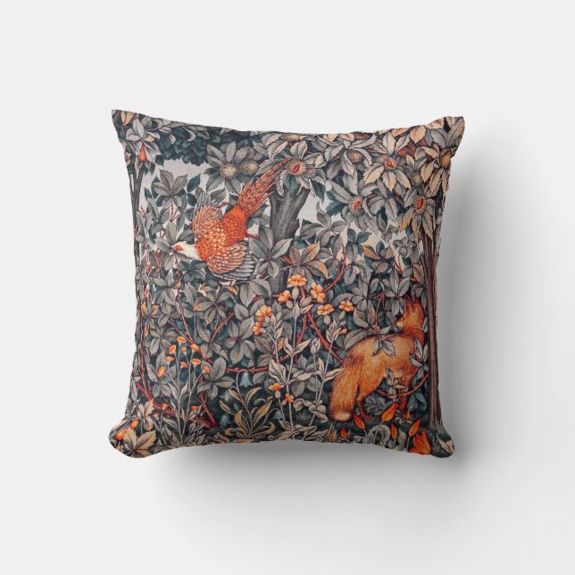 GREENERY,FOREST ANIMALS Pheasant ,Red Fox Floral Cushion (Front)