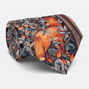 GREENERY,FOREST ANIMALS Pheasant ,Red Fox, Floral Tie