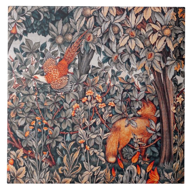 GREENERY,FOREST ANIMALS Pheasant ,Red Fox Floral Tile (Front)