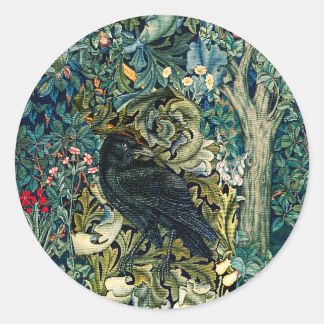 GREENERY, FOREST ANIMALS ,RAVEN IN GREEN FLORAL CLASSIC ROUND STICKER (Front)