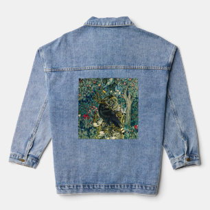 GREENERY, FOREST ANIMALS ,RAVEN IN GREEN FLORAL DENIM JACKET